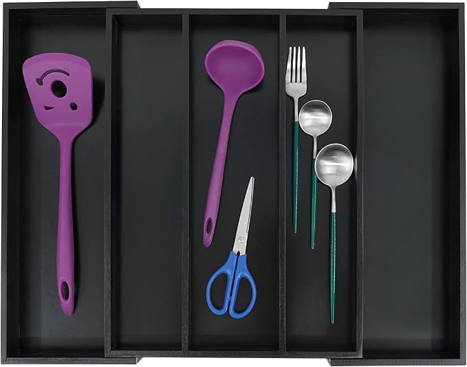 Utoplike Bamboo Drawer Organizer Kitchen Utensils, Adjustable Black Silverware Holder and Cutlery Tray Organiser, Expandable Drawer Divider for Flatware, Knives in Kitchen, Bedroom, Living Room