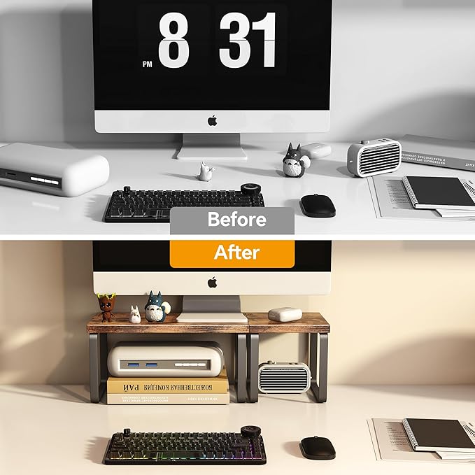 Homeiju Wooden Desktop Organizer Shelf, 2-Tier Adjustable Freestanding Bookshelf Desk Shelf, Stackable Desk Organizer for Office, Dorm, Bedroom, Space Saving, Easy Assembly, Rustic Brown (1 Pack)