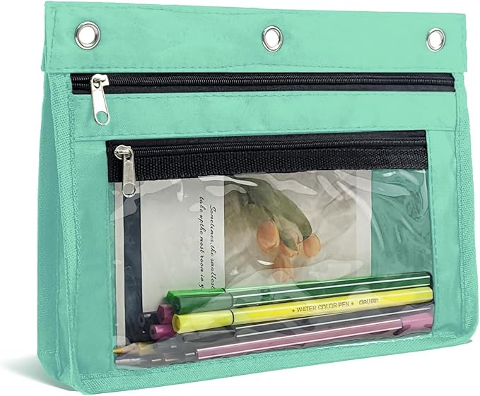 YoeeJob 1 Pack Pencil Pouch for 3 Ring Binder, Expandable Binder Pouches with Zipper, Large Capacity Pen Holder Case with Clear Window School Class Office Organizers, Lake Blue
