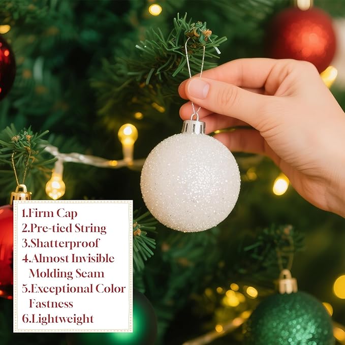 Christmas Tree Decorations Ornament Set, 60ct 2.36 Inches Red Green and White Shatterproof Christmas Ball Ornaments, Hanging Ball for Xmas Holiday Wedding Party Decor