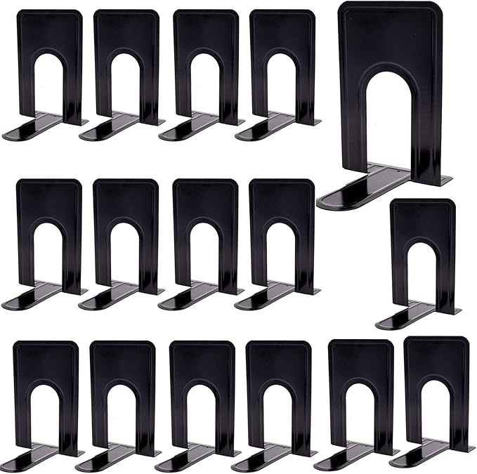 8 Pairs 16 Pieces 8.3 x 5.1 x 6.5 Inch Metal Bookends, KINJOEK Heavy Duty Book Support with Anti Slip Pads for Books, Magazines, DVDs, Perfect for Home, Office, School, Library, Black