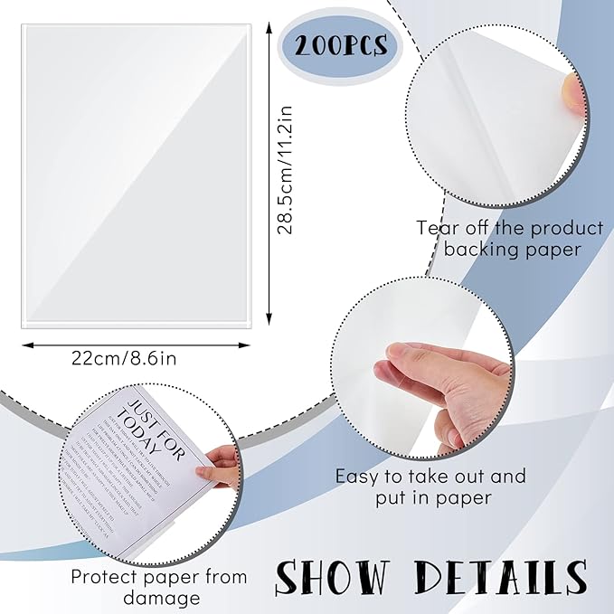 Gueevin 200 Pcs 8.5 x 11 Inch Self Adhesive Display Pockets Peel and Stick Clear Paper Sleeves Wall and Door Communication Clear Adhesive Sheet Protector Letter Size Plastic Sheet Protectors
