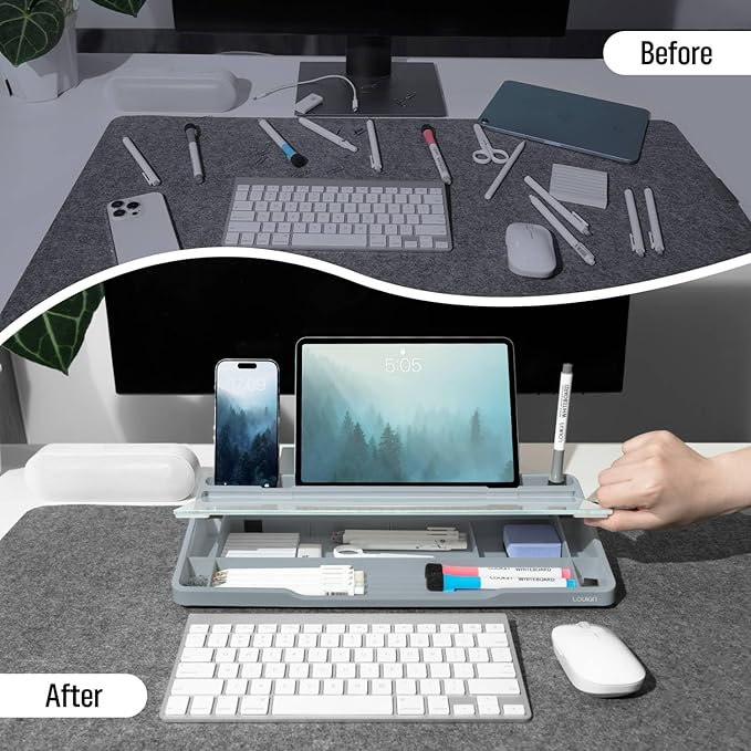 LOUKIN Glass Desktop Whiteboard, 15.3" x 5.6" Dry Erase Desk Board with Dotted and Graduated Surface, Desktop Buddy, Great for Design and Drawing, 3 Markers and 1 Dry Erase Eraser Included (Grey)