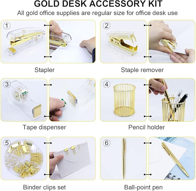 BOMEI PACK Desk Accessory Kit, Stapler and Staple Remover with 1000 Staples, Tape Dispenser with 1Rolls Transparent Tape, 1 Pen and Pencil Holder, Binder Clips, Paper Clips
