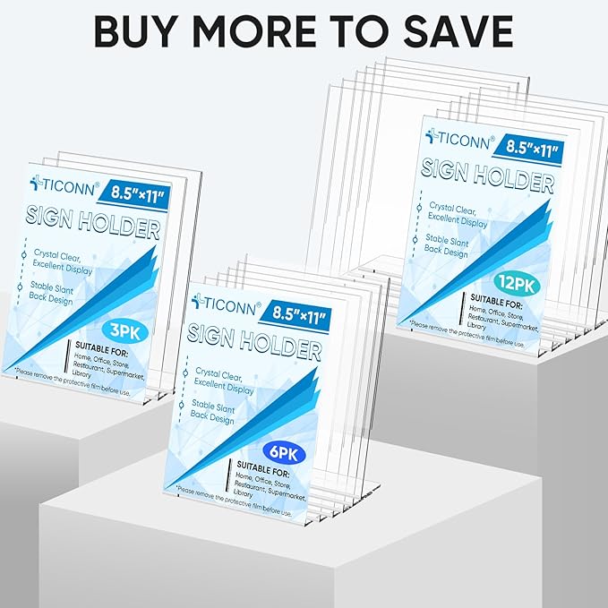 TICONN 8.5 x 11 Acrylic Sign Holder, L Shape Clear Sign Stand for Displaying, Plastic Paper Holder for Office, Store, Restaurant (Vertical 12 Pack)