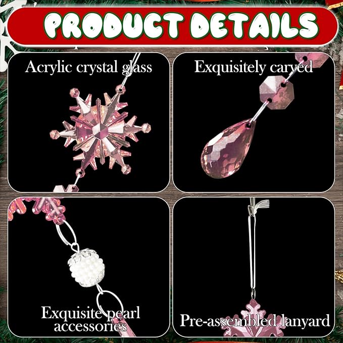 Lanpn 22pcs Christmas Ornaments Crystal Christmas Tree Decoration, Hanging Clear Acrylic Snowflake Icicle Drop Crystal Pendants for Xmas Tree Winter New Year Outdoor Indoor Party Decoration (Pink)