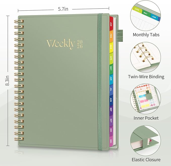 EMSHOI 2026 Planner - Weekly and Monthly Calendar (Jan-Dec), A5 (5.7"x8.3") Hardcover, 100GSM Thick Paper, PVC Cover, Inner Pocket, Colorful Tabs, Note Pages for Work School Home, Light Green