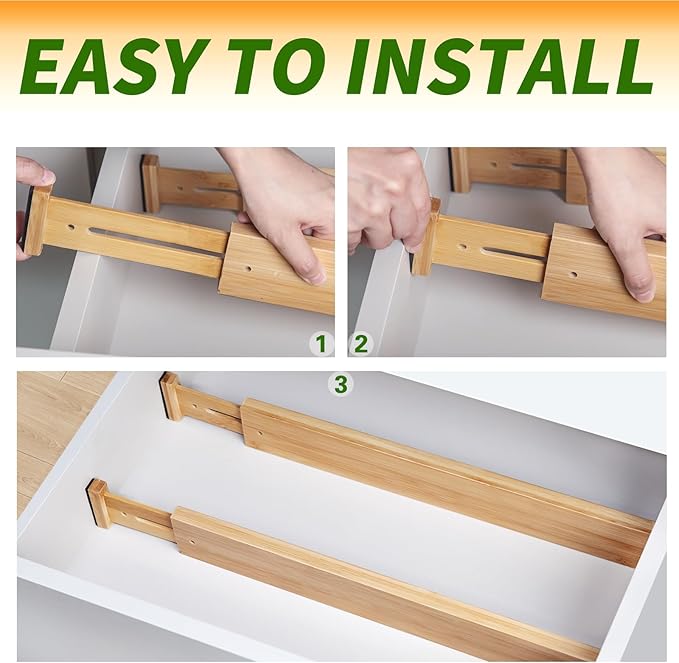 Bamboo Drawer Organizers 4 Pack, 17-22" Adjustable Spring Loaded Dividers for Kitchen Utensils, Silverware, Clothes, Dresser, Bathroom and Office Storage