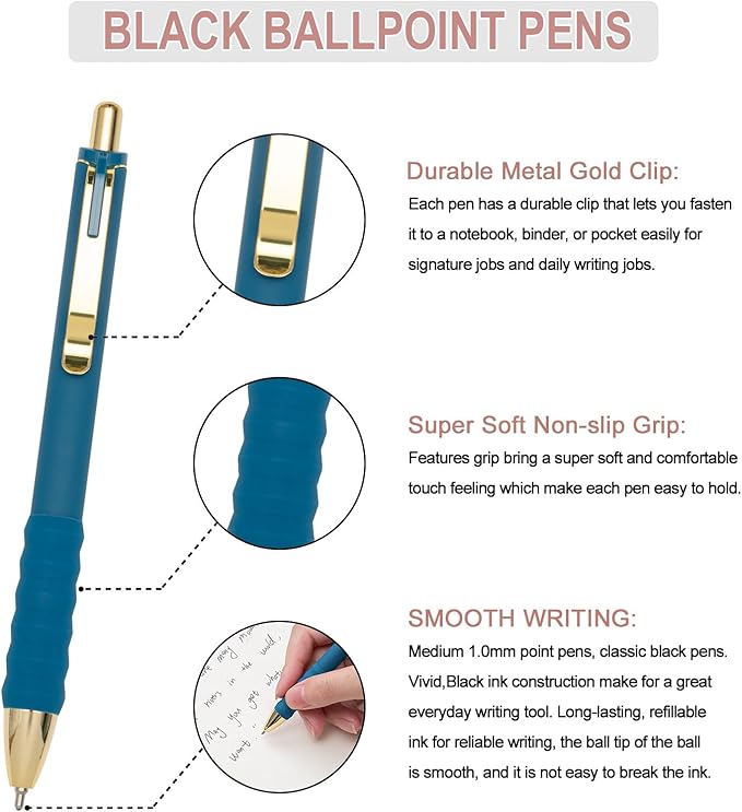 Linbsunne Ballpoint Pens Black Medium Point 1mm Pen with Super Soft Grip Ball Point Pen for Men Women Retractable Pens (Vintage-12 pcs)