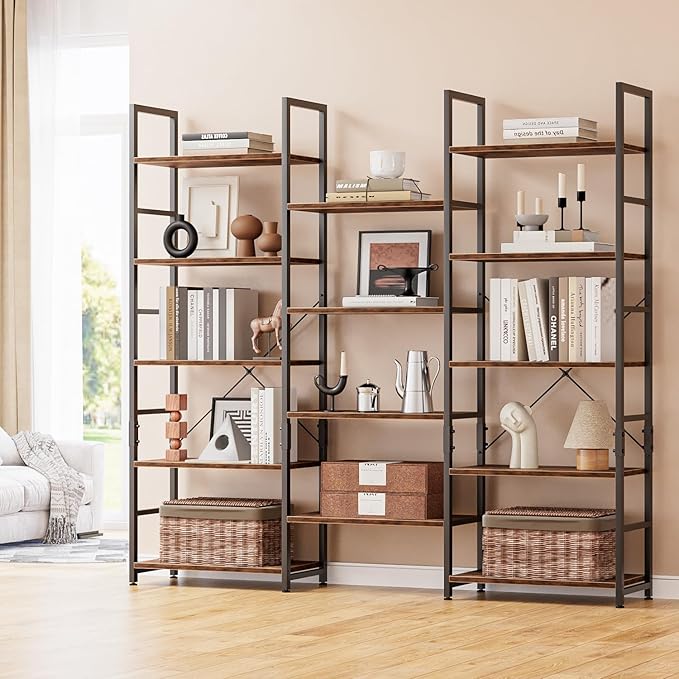 NUMENN Triple 5 Tier Bookshelf, Wide Book Shelf with 14 Open Display Shelves, Modern Tall Bookcase Furniture for Living Room Home Office, Vintage