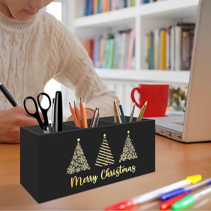 Black and Gold Christmas Tree Pen Pencil Holder Organizer for Desk Accessories, Christmas Office Decor, Golden Snowflake Xmas Tree Wooden Box Signs Decorations for Home Office Desk Tabletop