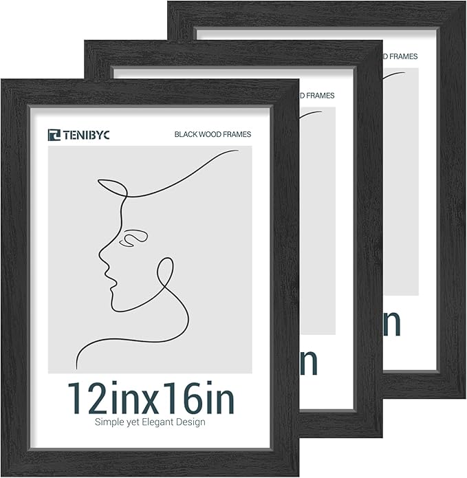 12x16 Picture Frames Set - 3 Pack - Black Solid Wood Poster Frame - Tempered Glass - Exclusive Woodgrain - Rooms, Offices, Gallery, Studio, and Hallway, Wall Display Decor