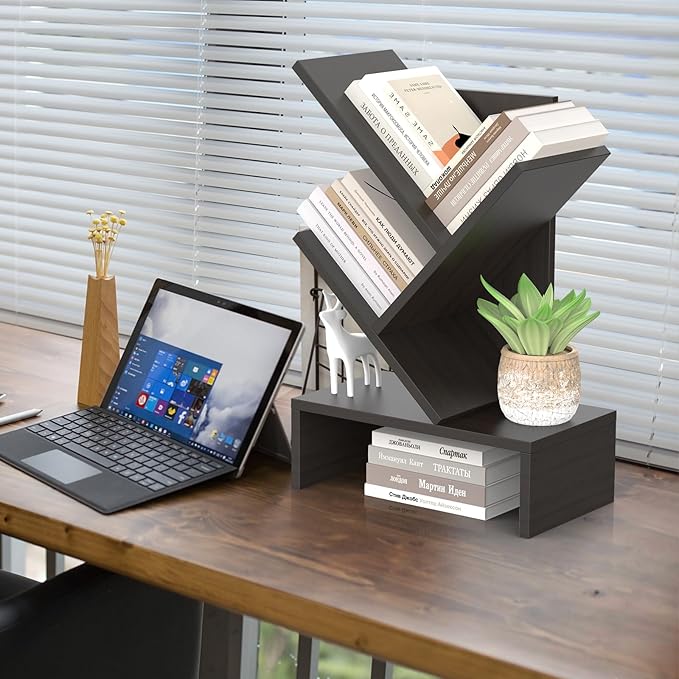 Godferyxin Tree Bookshelf with Drawer,Wood Desk Bookshelf for School,Office,Small Book Shelf Storage Rack for Decor,Bedrooms,Living Rooms Mini Shelf