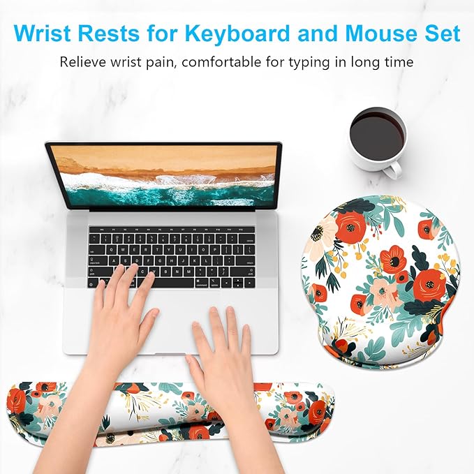 Dapesuom Keyboard Wrist Rest and Mouse Pad with Wrist Support, Cute Memory Foam Cushion for Keyboard and Mouse Set, Ergonomic Pad Rests with Non Slip Base for Easy Typing & Pain Relief, Pink Flowers