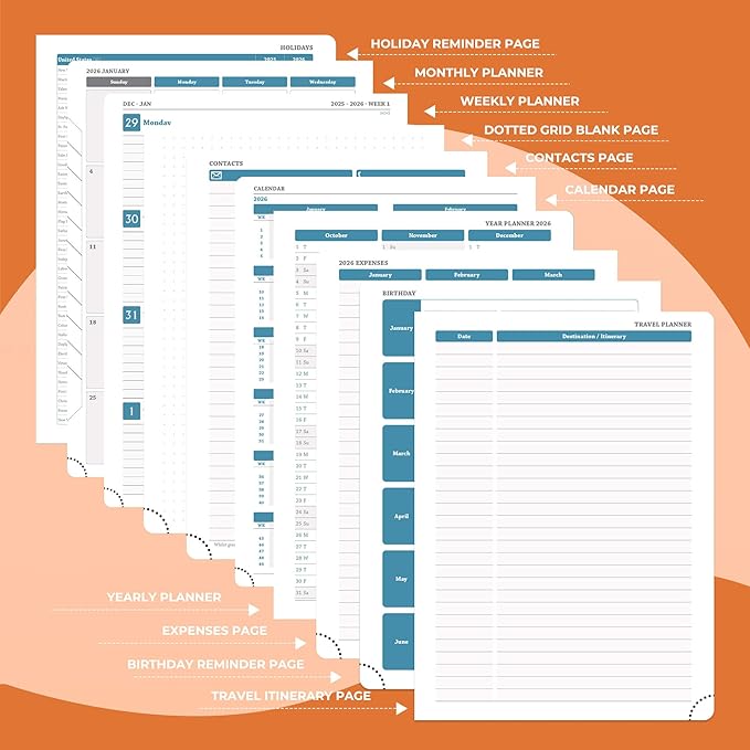 Planner 2026 Daily Weekly and Monthly,8.5"x6.5",12 Months Spiral Bound Calendar Agenda with Self-adhesive Pen Holder,2026 Appointment Book with Vegan Leather Soft Cover,Orange