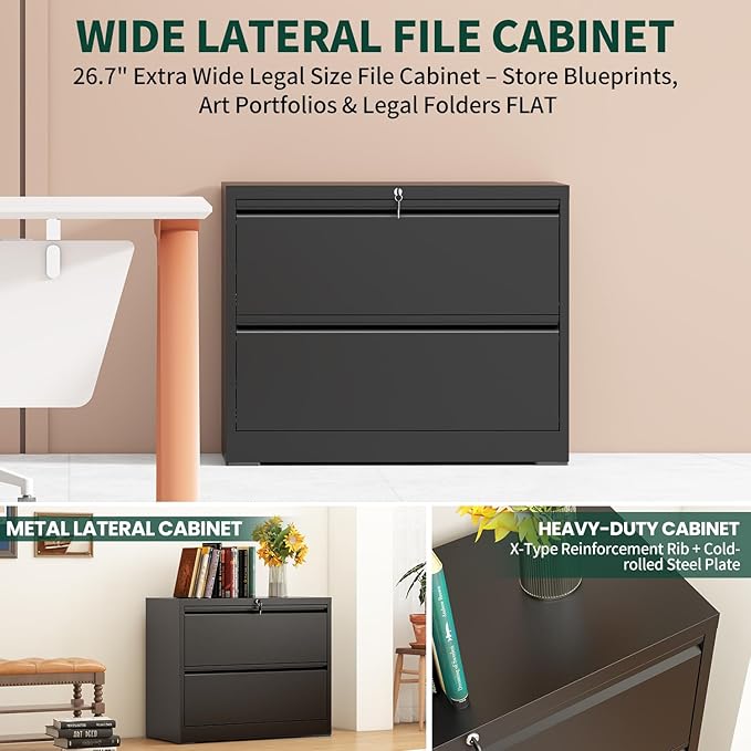 2 Drawer Lateral File Cabinet with Lock, 26.77“W File Cabinets for Home Office Legal/Letter A4 Size, File Cabinet Storage Cabinet,Require Assembly, Black