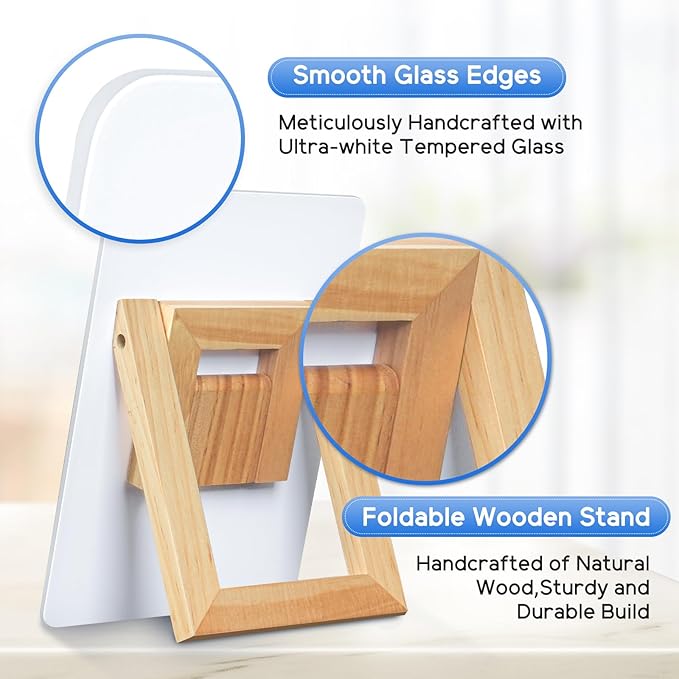 WALGLASS Desktop Glass White Board 11"x 8" with Reversible Wood Stand, Small Dry Erase Board, Portable Whiteboard for Desk, Reusable Desk Notepad with 2 Markers&Eraser for Home, Office