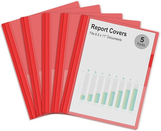 Ndsox 5 Packs Clear Front Report Covers with 3-Prong Fasteners, Plastic Project Presentation Folders Resume Document Covers with Red Back for 8.5" x 11" Letter Size Paper for School Office Business