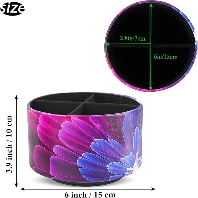 lizimandu Round Leather Art Supply Organizer,Remote Control Holder,360 Degree Spinning,Multi-Functional Pencil Holder,4 Compartments Desktop Stationary Organizer(1-Blue Fractal Flower)