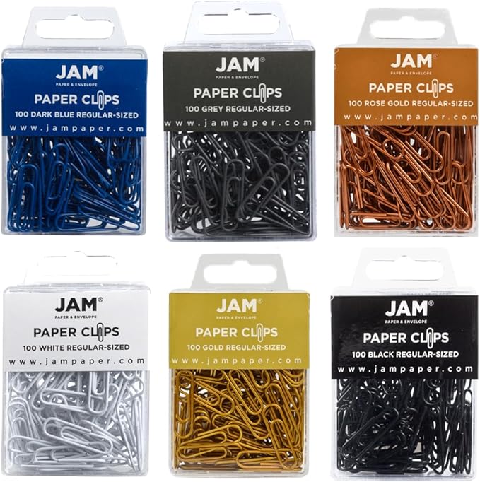 JAM PAPER Colorful Standard Paper Clips - Regular 1 Inch Paperclips - Business Assortment - 6 Packs of 100
