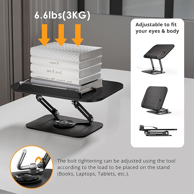 Book Stand for Reading, Adjustable Book Holder with 360° Rotating Bases, Foldable Designs, and Elastic Clips, Multifunctional Display Stand for Recipe, Cookbooks, Magazines, Tablets (Black)