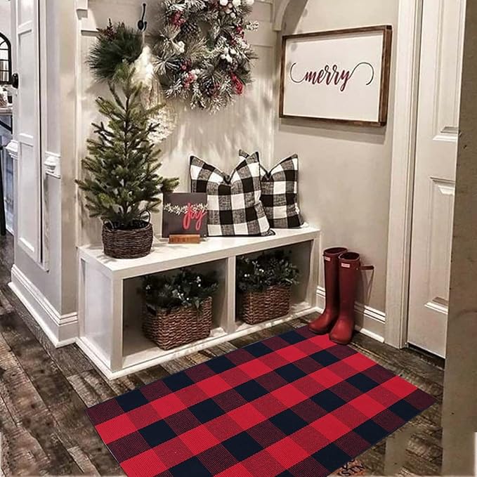 Red and Black Plaid Rug, 2'4" x 3'7" Check Outdoor Front Door Decorative Mat, Cotton Woven Rug for Layered Door Mats Washable Carpet for Porch, Entryway, Farmhouse, Christmas, Halloween