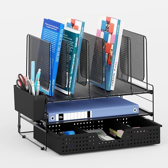 Desk Organizer, Office Organization with Vertical File Holder, File Organizer with Drawer and Pen Holder, Desk Accessories and Workspace Organizers for Home Office (Black)