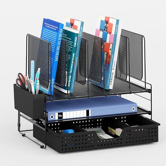 Desk Organizer, Office Organization with Vertical File Holder, File Organizer with Drawer and Pen Holder, Desk Accessories and Workspace Organizers for Home Office (Black)
