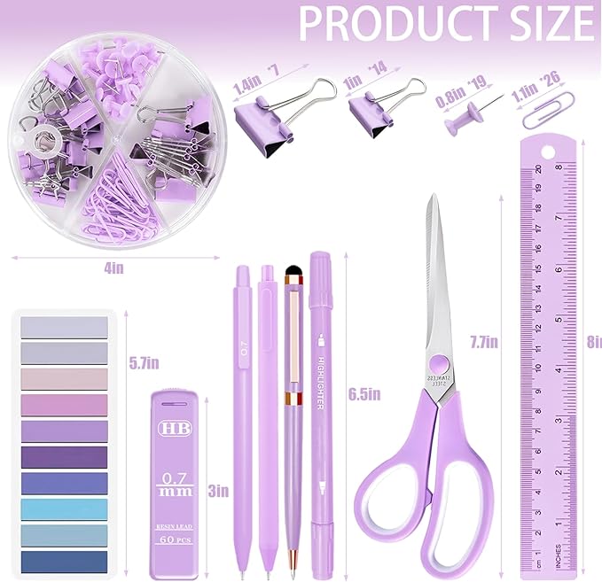 Purple Desk Accessories Set - 16 Pcs Purple Office Supplies with Stapler, Tape Dispenser, Pen Holder, Staple Remover, Hole Punch, Staples Aesthetics Desk Sets for Office, Home, School Women