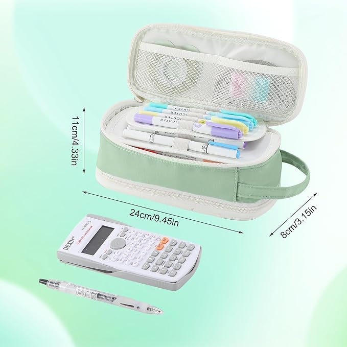 Pencil Case Large Zipper Pencil Pouch for Girls Kids Teens Adults Aesthetic Pencil Bag Stationery Organizer Pen Pencil Case with Handle for School Green