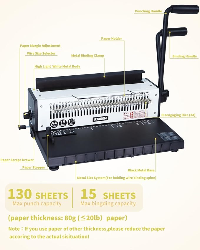 Rayson TD-1500B34R Binding Machine, Round Holes, 3:1 Pitch Wire-O Binder Punch 15 Sheets/Bind 130 Sheets with Sturdy Metal Construction
