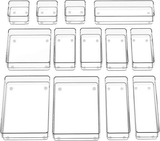 SMARTAKE 13-Piece Drawer Organizer with Non-Slip Silicone Pads, 5-Size Desk Drawer Organizer Trays Storage Tray for Makeup, Jewelries, Utensils in Bedroom Dresser, Office and Kitchen (Clear)