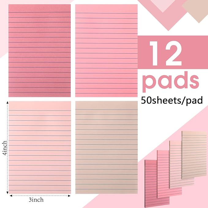 12 Pads Pink Boho Sticky Notes 4x6 with Line, Lined Self Stick Notes Pads Boho Office Supplies, Vintage Aesthetic School Accessories 50 Sheets/pad