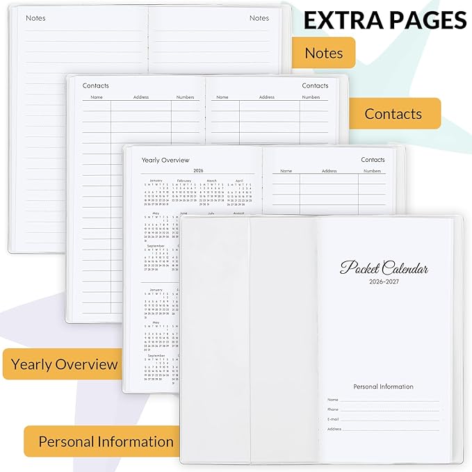 Pocket Calendar 2026-2027, Yellow 2026-2027 Monthly Planner - 3.7" x 6.7" - Runs from January 2026 Until December 2027, 2026 Pocket Planner with PVC Cover for Home, School, Office Supplies