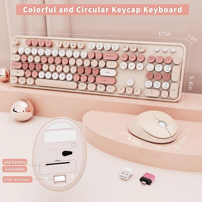 Wireless Keyboard and Mouse, Full-Size Typewriter Keyboard with Retro Round Keycaps, Ergonomic Design, Compatible with Windows PCs, Ideal for Home and Office. (Milk Tea)