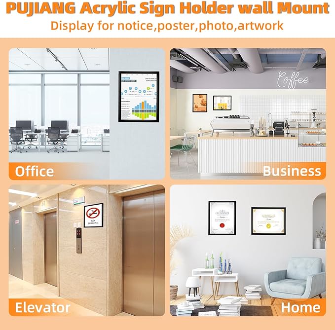 12 Pack 8.5x11 Acrylic Sign Holder Wall Mount with Framed Border, Peel & Stick Adhesive & 180° Flip Design - Single-Sided Clear Plastic Display for Menu, Poster, Flyer (Horizontal/Vertical) - Office, Home, Restaurant,No Drilling