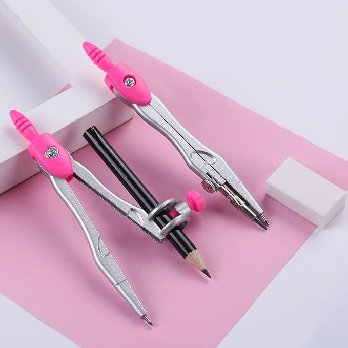 Math Geometry Kit Sets 10 Piece Student Supplies with Shatterproof Storage Box,Includes Rulers,Protractor,Compass,Eraser,Pencil Sharpener,Lead Refills,Pencil,for Drafting and Drawings（Pink）