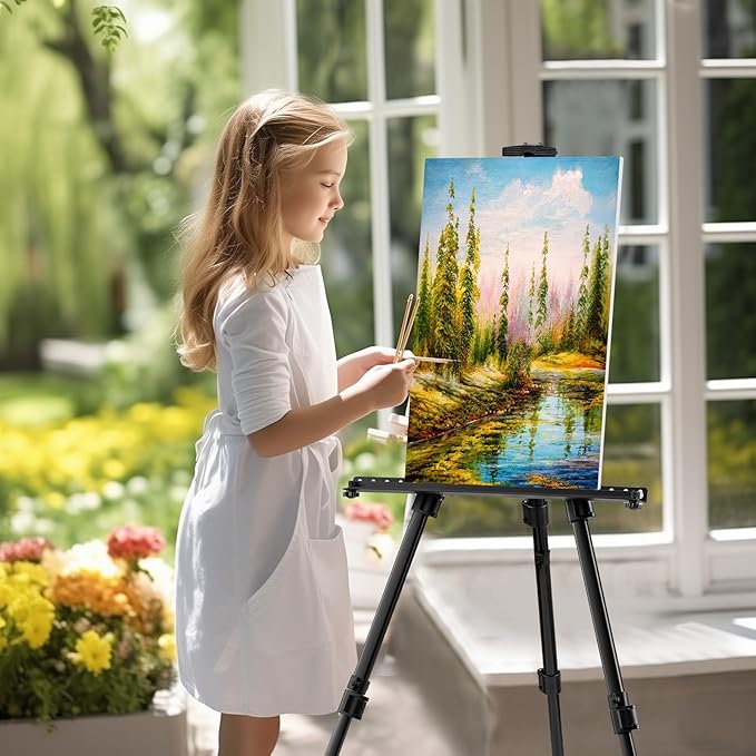 Art Easel for Painting and Display – Adjustable Floor 66 Inch Folding Aluminum Easel Stand for Sign - Table Top Canvas Stand - Portable Drawing Paint Heavy Duty for Artists Adults Holder or Teen