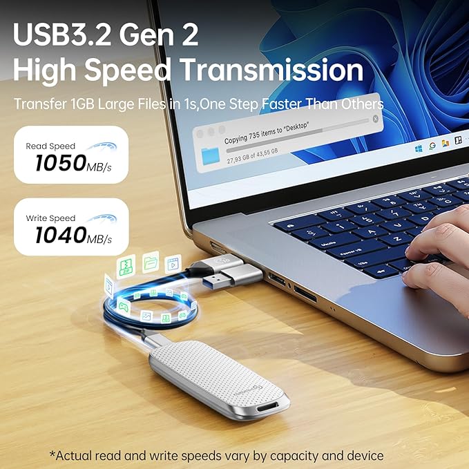 PHIXERO P10PRO External NVMe SSD 1TB, Up to 1050MB/s, USB 3.2 Gen2, Includes 2-in-1 USB C Cable, Portable Hard Drive for iPhone 15+/Android/Windows/Mac, White