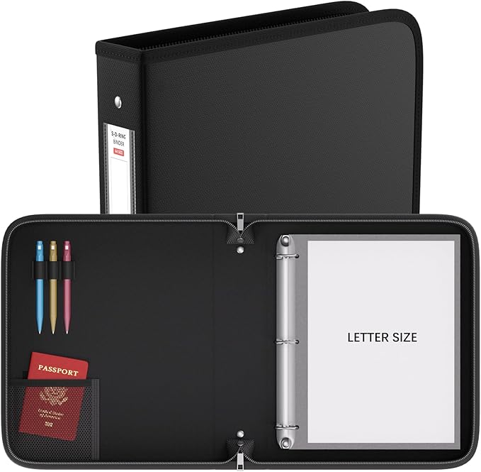 Fireproof 3 Ring Binder with Zipper,1 Inch D Rings Hold up 245 Sheets of 8.5" x 11" (A4),Compatible with Clear Page Protectors, Built-in net and Pen Holder (1 Pcs, Black, 1")
