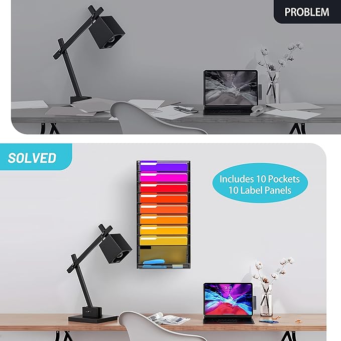 10 Tier Wall File Organizer, Hanging Wall Mount File Holder Paper Folder Mail Organizer, Mesh Metal, Black 2Pack