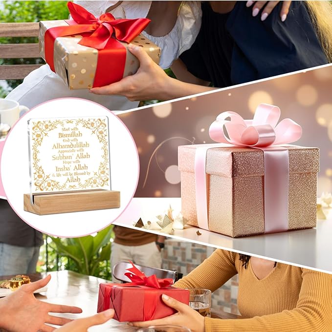 Islamic Acrylic Sign Decor Eid Ramadan Mubarak Table Decor Start and End with Allah Appreciate Hope with Allah Acrylic Plaque Arabic Ramadan Tree Decoration Shelf Cubicle Desktop Art Decoration White