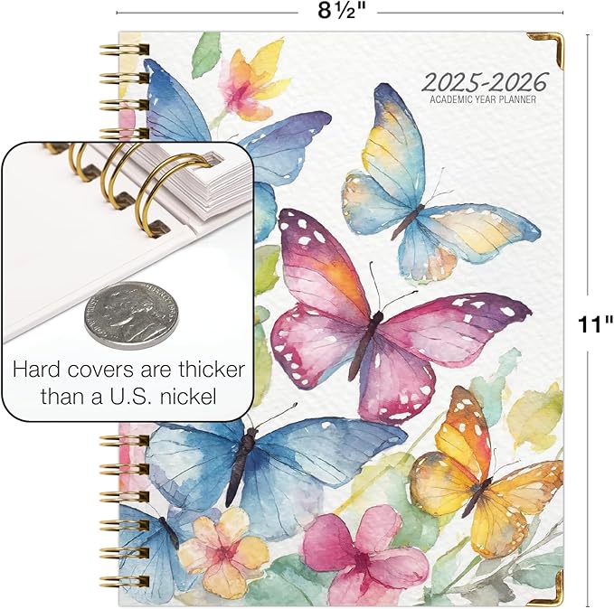 HARDCOVER Academic Year 2025-2026 Planner: (June 2025 Through July 2026) 8.5"x11" Daily Weekly Monthly Planner Yearly Agenda. Bookmark, Pocket Folder and Sticky Note Set (Watercolor Butterflies)
