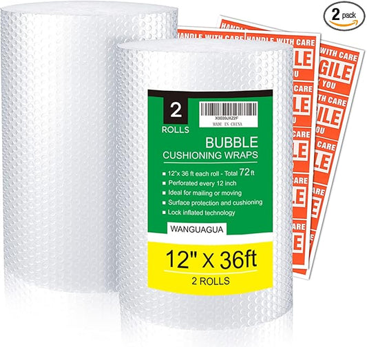2 Pack 12 Inch x 72 ft Total Bubble Packing Wrap for Moving Boxes Shipping Cushioning Supplies Perforated Every 12”