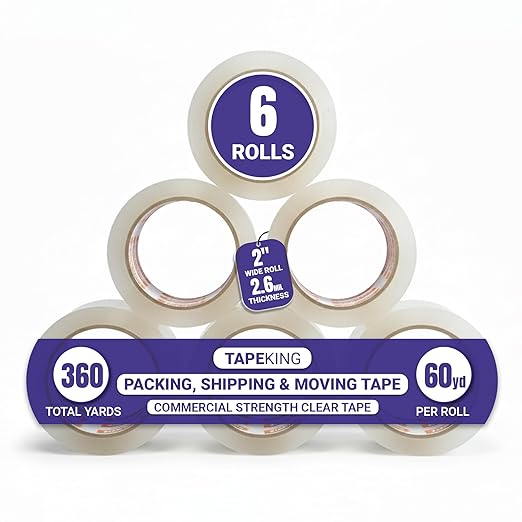 Tape King Queit Clear Packing Tape | 60 Yards Per Roll (6 Rolls) | Heavy Duty Packing Tape 2.6mil Strong Adhesive for Moving Boxes, Shipping Cartons, Office Use, Storage & Wrapping (360 Yards)