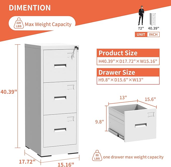 3 Drawer Metal File Cabinet with Lock,White Steel Filing Cabinets Heavy Duty Locking Vertical File Cabinet Home Office Storage Cabinet for Legal/Letter Size File,Assembly Required