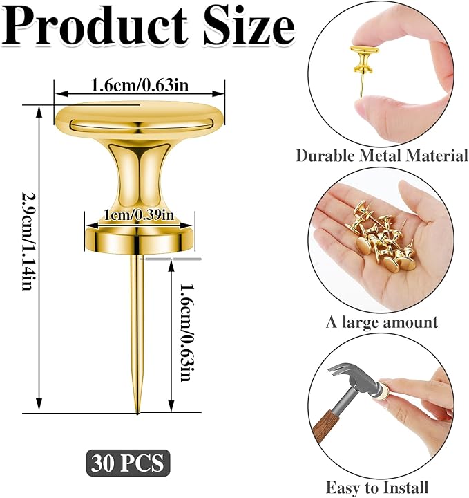 30 Count Jumbo Metal Push Pins 1.14 Inch Gold Giant Thumb Tacks for Wall Hangings 20 Lbs Poster Pins for Cork Board Bulletin Maps Office Home Classroom Decorative