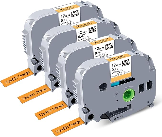 BOYEEZON 4-Pack Compatible with Brother P Touch TZe-B31 Label Maker Refills, TZ Tape 12mm 0.47 Laminated Tape for Brother PTD210 PTD220 PTD400 PTD400AD PTD600, Black on Orange Fluorescent
