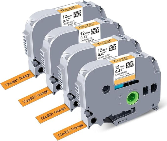 BOYEEZON 4-Pack Compatible with Brother P Touch TZe-B31 Label Maker Refills, TZ Tape 12mm 0.47 Laminated Tape for Brother PTD210 PTD220 PTD400 PTD400AD PTD600, Black on Orange Fluorescent