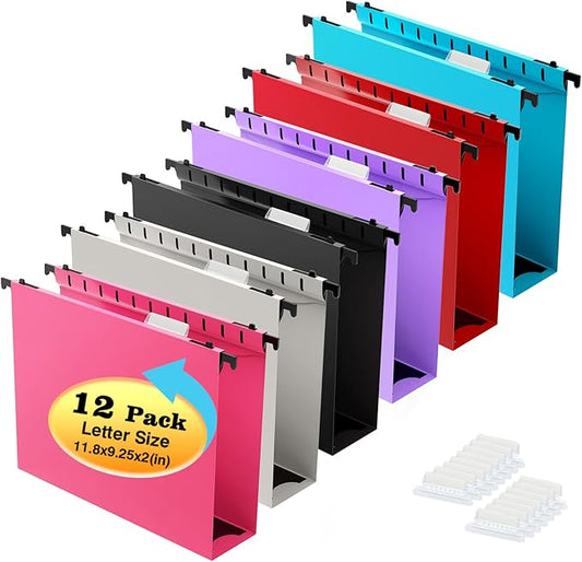 Extra Capacity Plastic Hanging File Folder,12 Pack Reinforced Hang Folders Letter Size,Heavy Duty 2 Inch Expansion,Filing Cabinet Folders,for Bulk Files, Medical Charts,Assorted Colors